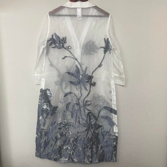 Chico's Travelers Dove Gray White Sheer Floral Metallic Midi Jacket Cover Up 2 - Picture 2 of 8